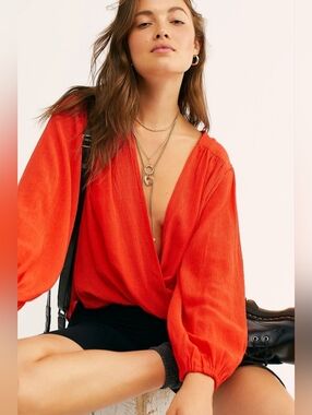 Free People - Check On It Deep V-Neck Open Front Wrap Top Flame Red - Size S